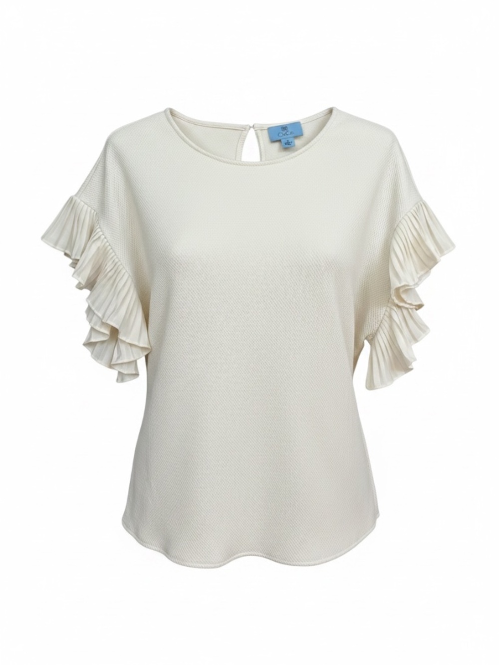 CeCe Cream Textured Stretchy Knit Pleated Ruffled Short Sleeve Shirt Top SZ M